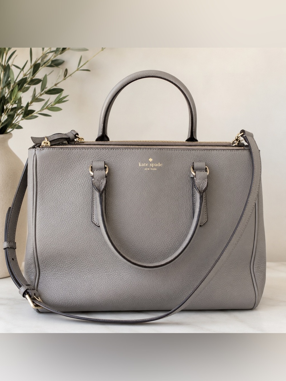 Kate Spade Leighann Mulberry Street Hare Grey Leather Satchel Crossbody NWT